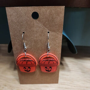Pumpkin Halloween Trick Or Treat Pail Dangling Earrings NEW